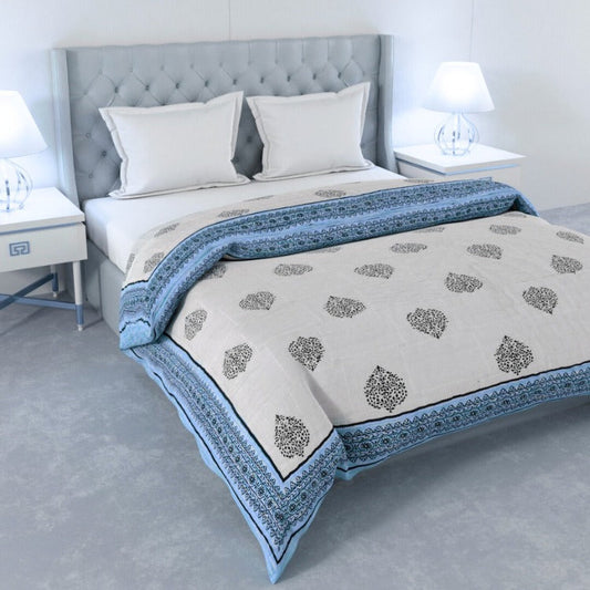 Blue Paan Grey Rangoli Border Microfiber Fill Cotton Cover Double Bed Quilt