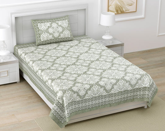 Jaipuri Olive Medallion Screen Print Pure South Cotton Single Bedsheet 60x90 Inch Ethnic Rajasthani Design | Home Made in Jaipur | Ankler