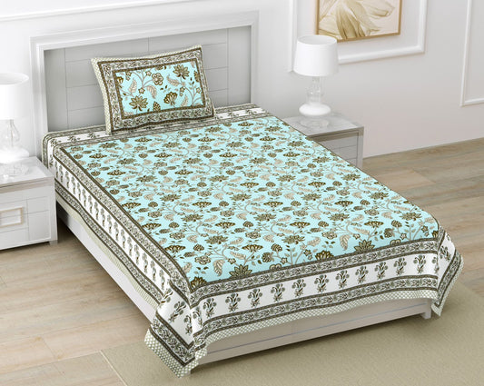 Jaipuri Aqua Floral Screen Print Pure South Cotton Single Bedsheet 60x90 Inch Ethnic Rajasthani Border Design | Homemade in Jaipur| Ankler