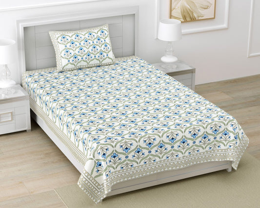 Jaipuri Blue & Olive Floral Screen Print Pure South Cotton Single Bedsheet 60x90 Inch Ethnic Rajasthani Design | Homemade in Jaipur | Ankler
