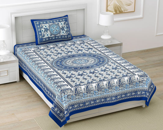 Ethnic Rajasthani Blue Mandala Cotton Bedsheet – Jaipuri Print with Elephant Border, 60x90 Inch|  Handmade in Jaipur | Ankler